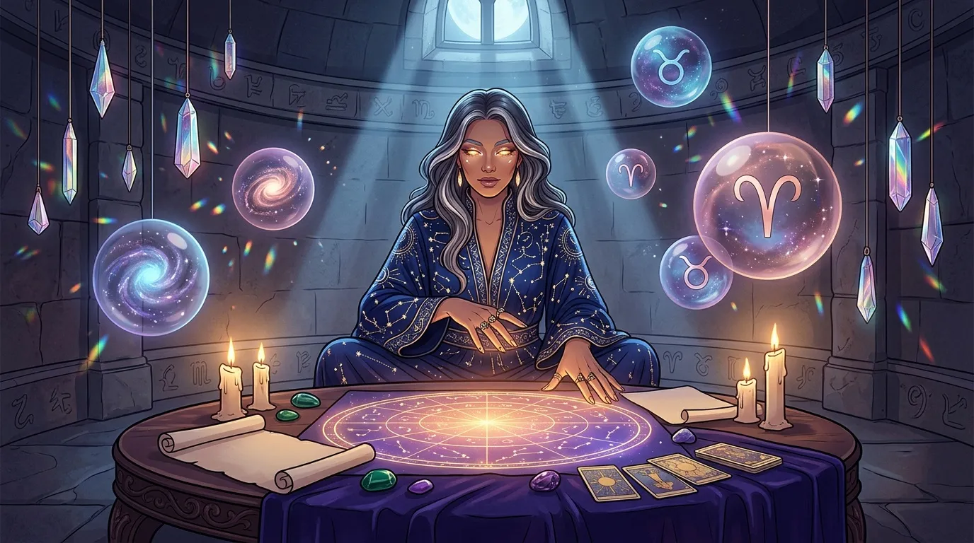 Femme astrologue entourée de symboles zodiacaux et cristaux lumineux