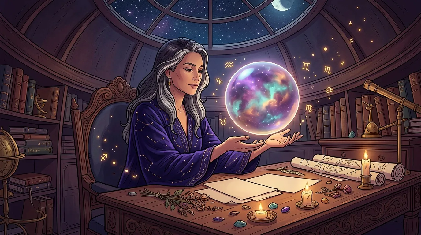 Femme astrologue consultante avec globe lumineux cosmique