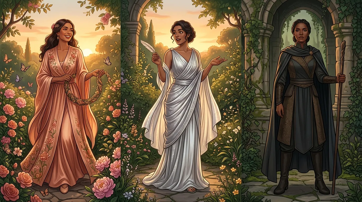 Trois femmes en robes élégantes dans un jardin fleuri magique