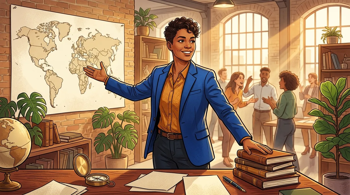 Professionnelle en blazer bleu présentant une carte du monde