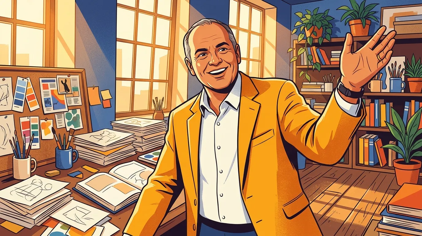 Homme souriant en blazer jaune dans un bureau créatif lumineux