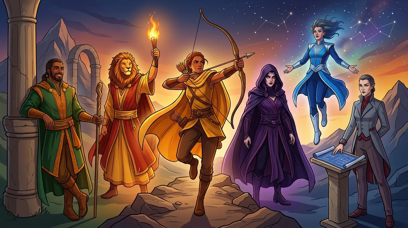 Six personnages fantastiques guerriers et magiciens ensemble