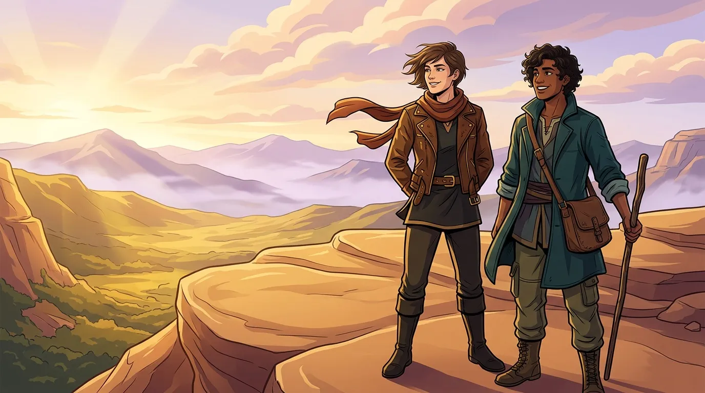 Deux jeunes aventuriers dans un paysage montagneux désertique