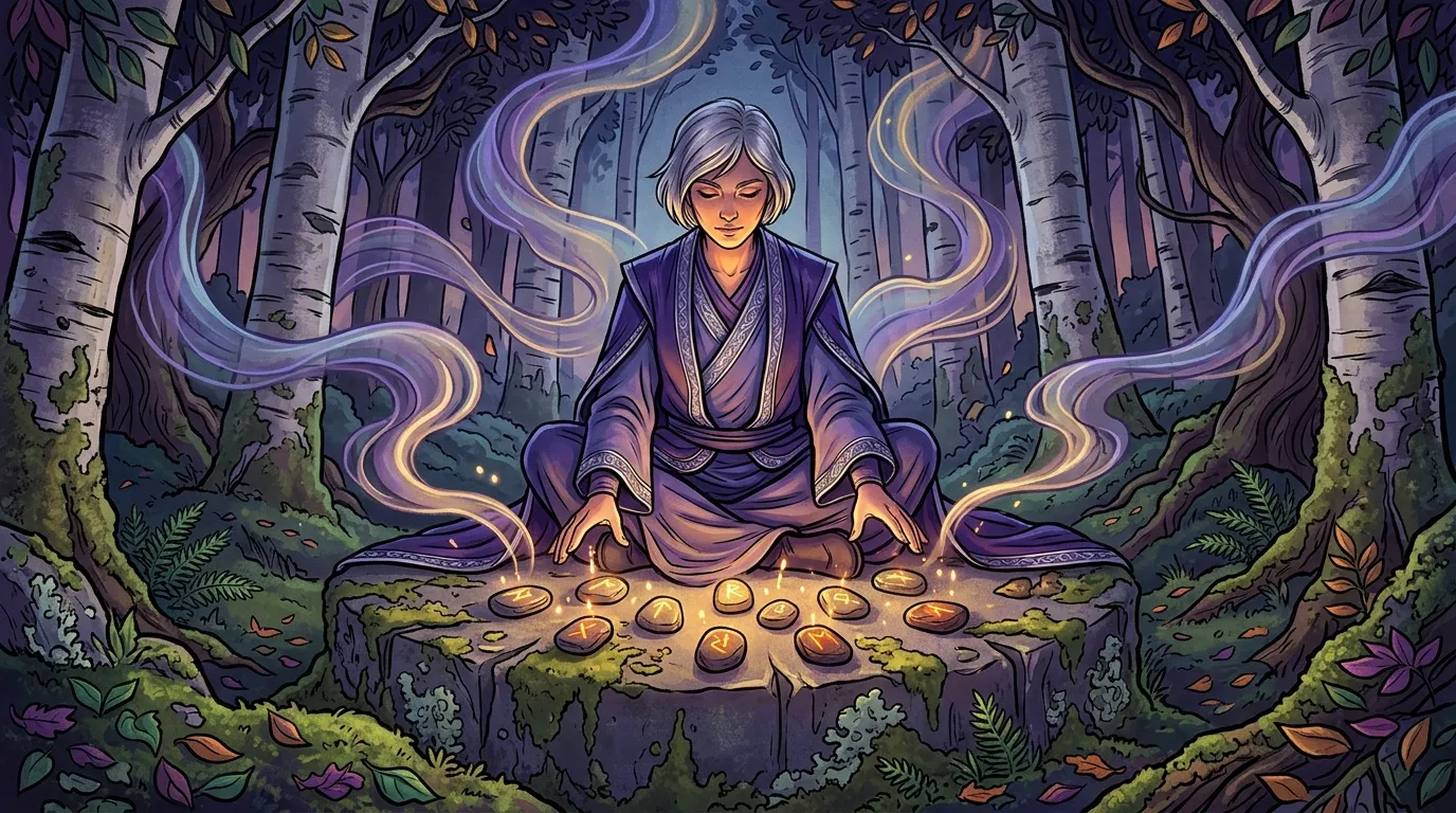 Femme médium en robes violettes lisant des runes dorées dans une forêt magique