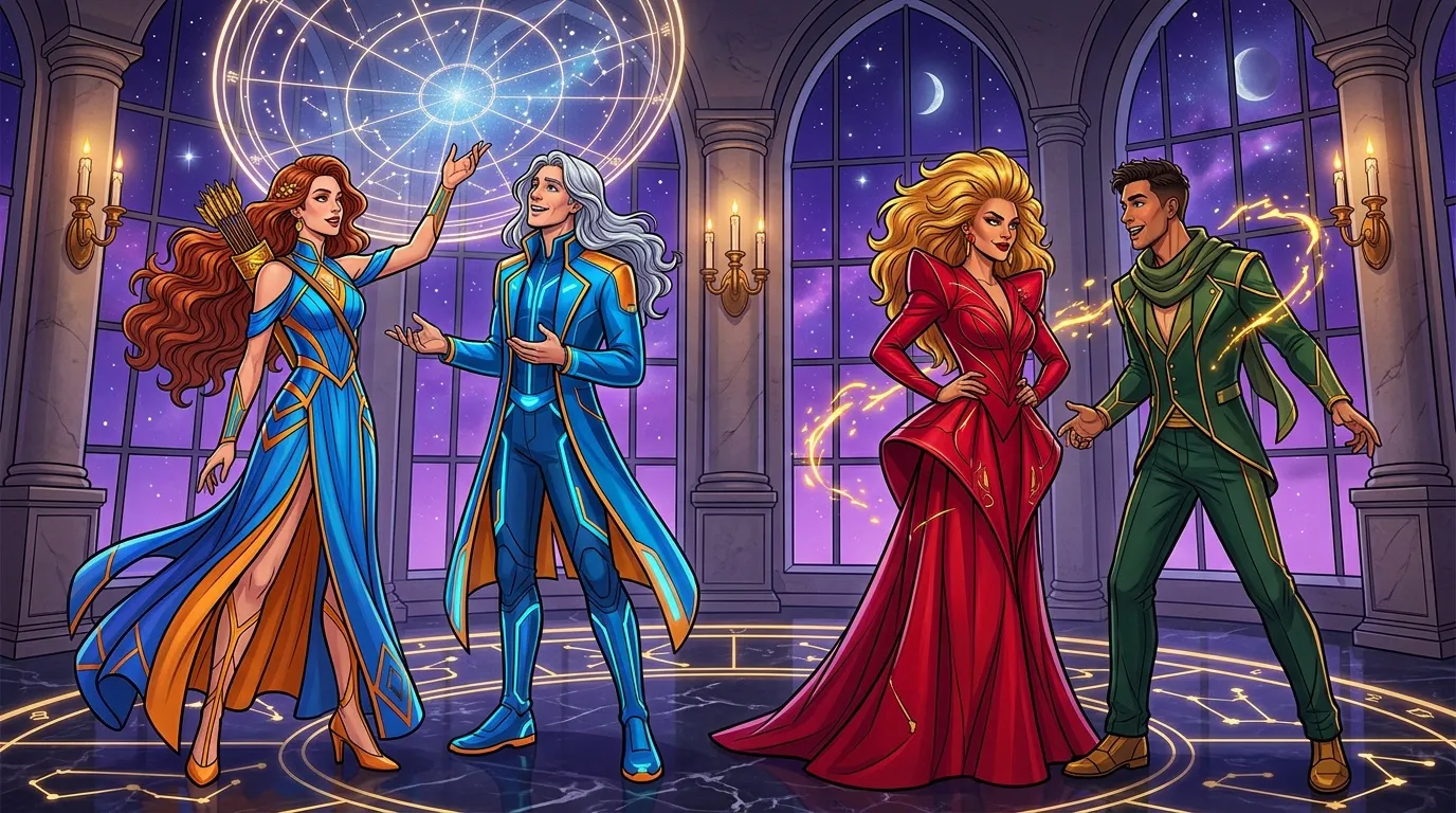 Quatre personnages en costumes colorés dans un château magique étoilé