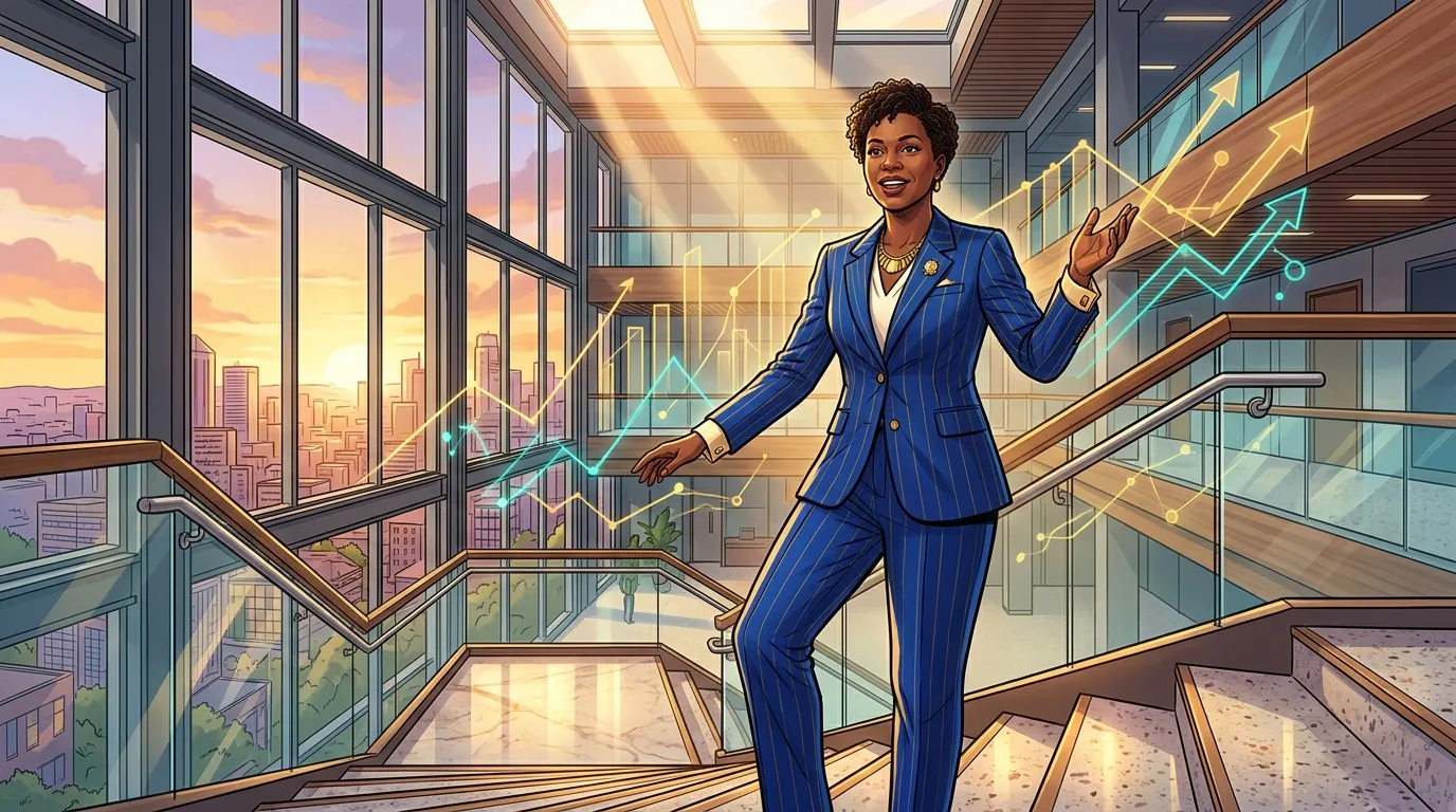 Femme en costume bleu devant graphiques financiers en hausse