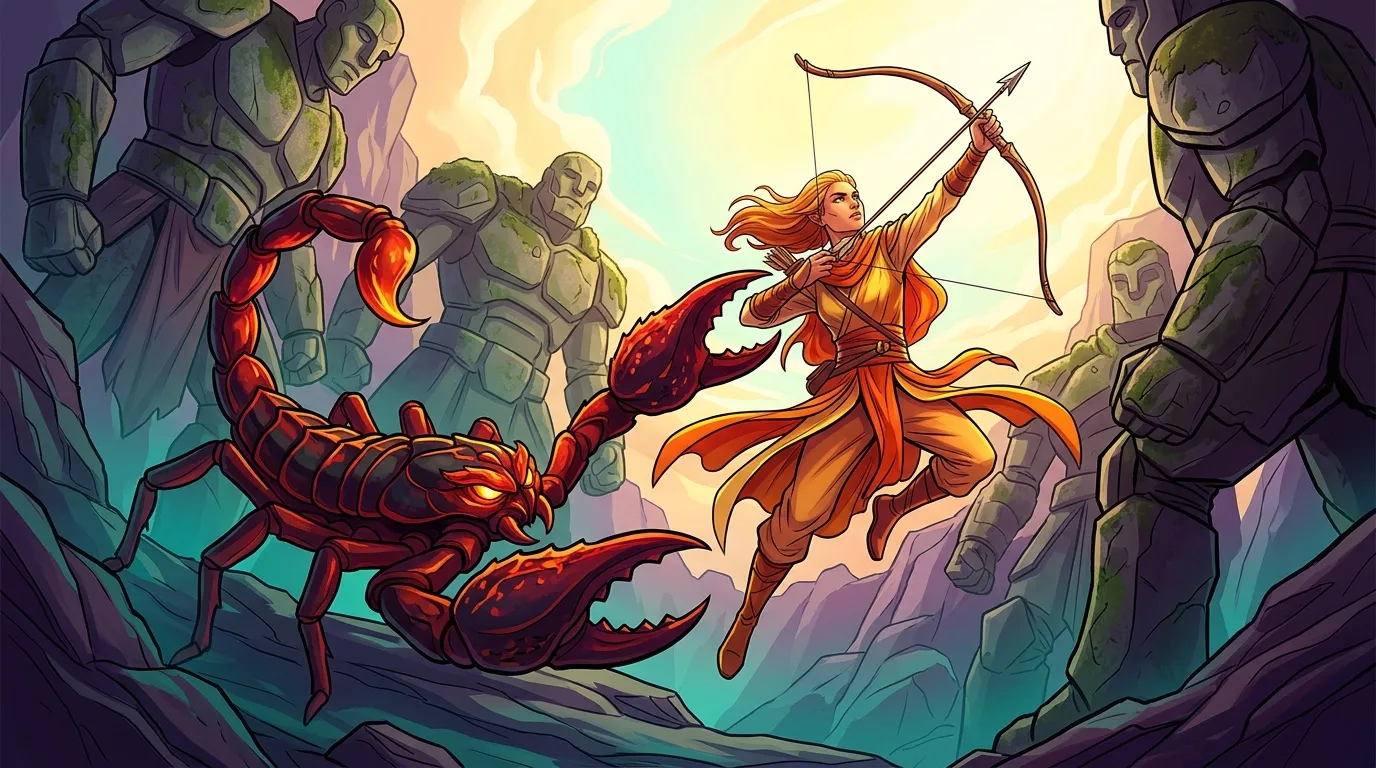 Femme archer combat monstre crabe rouge géant