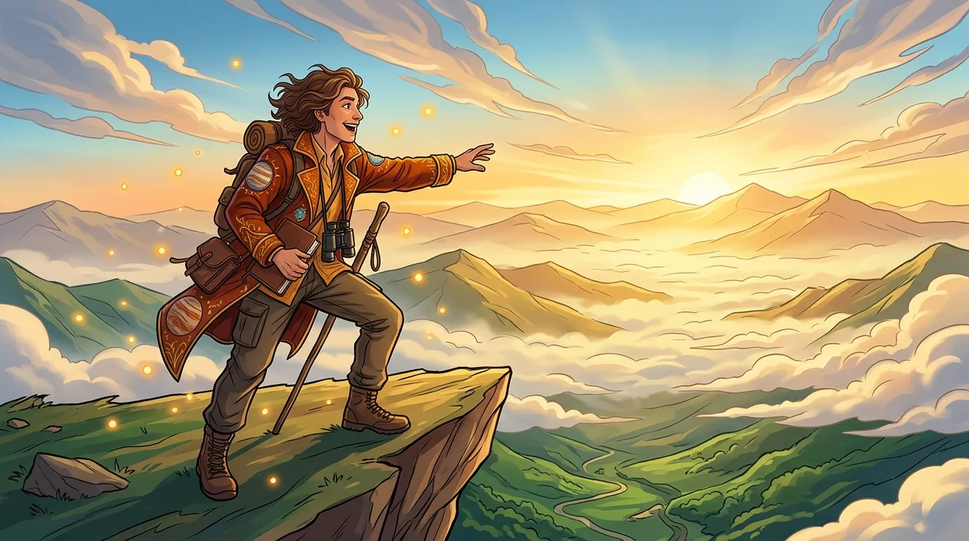 Aventurière exploratrice en montagne au coucher de soleil