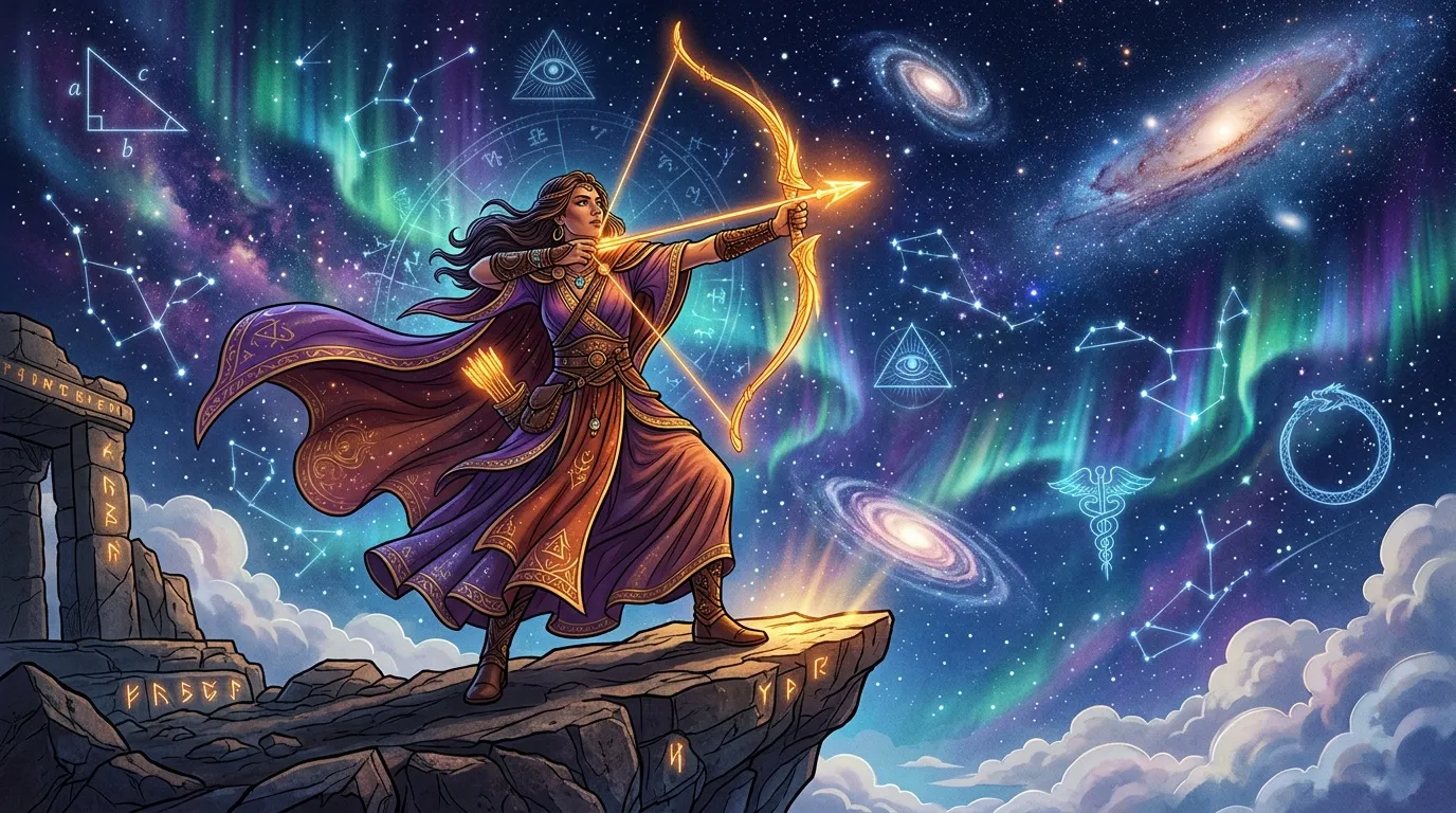 Guerrière mystique tirant une flèche dorée dans l'univers étoilé