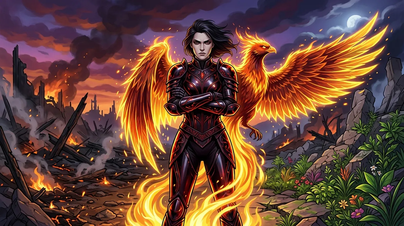 Femme guerrière avec ailes de feu dorées dans paysage dévasté.