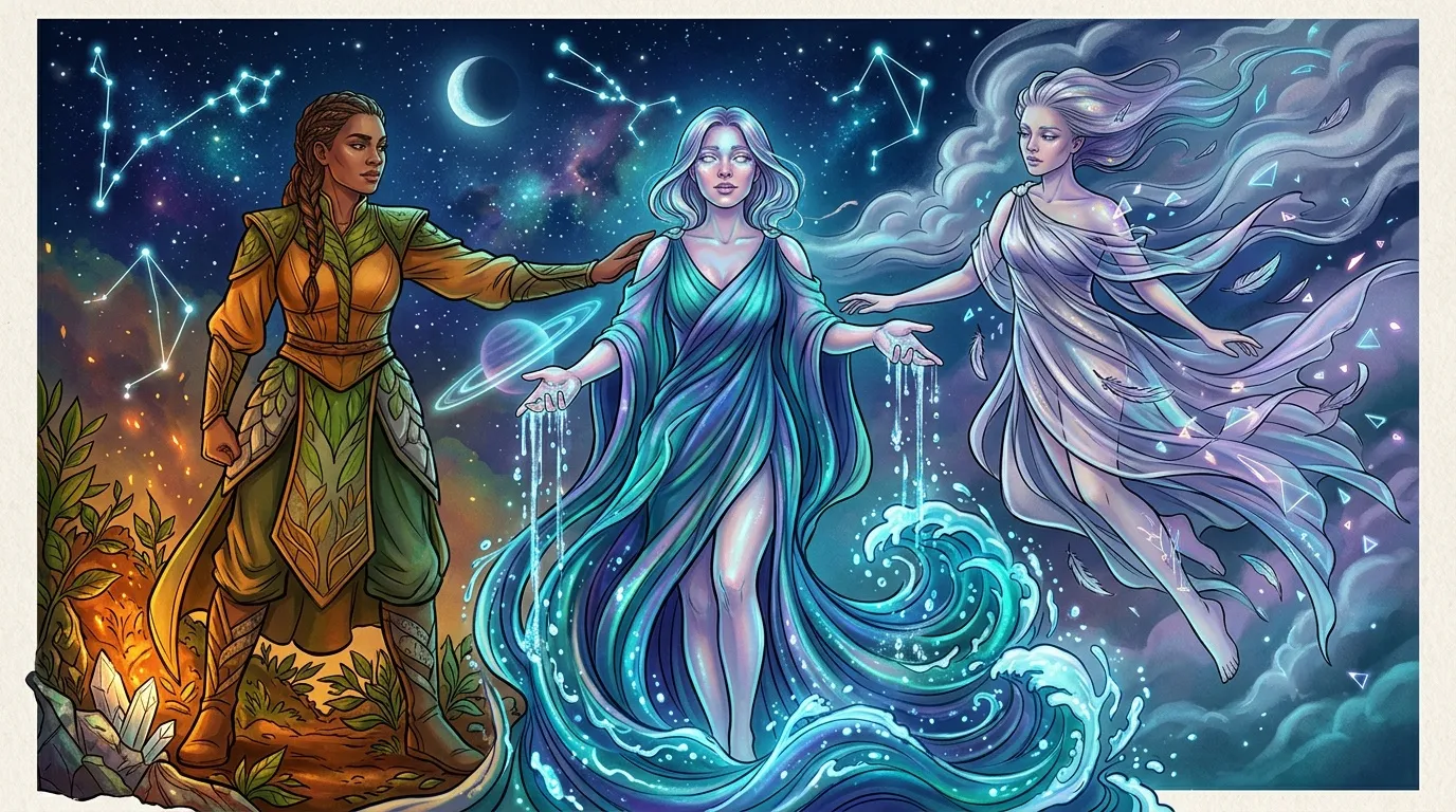 Trois femmes magiques incarnant la nature, l'eau et le ciel étoilé