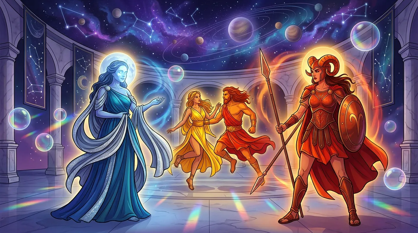 Quatre déesses mythologiques brillantes dans un temple cosmique