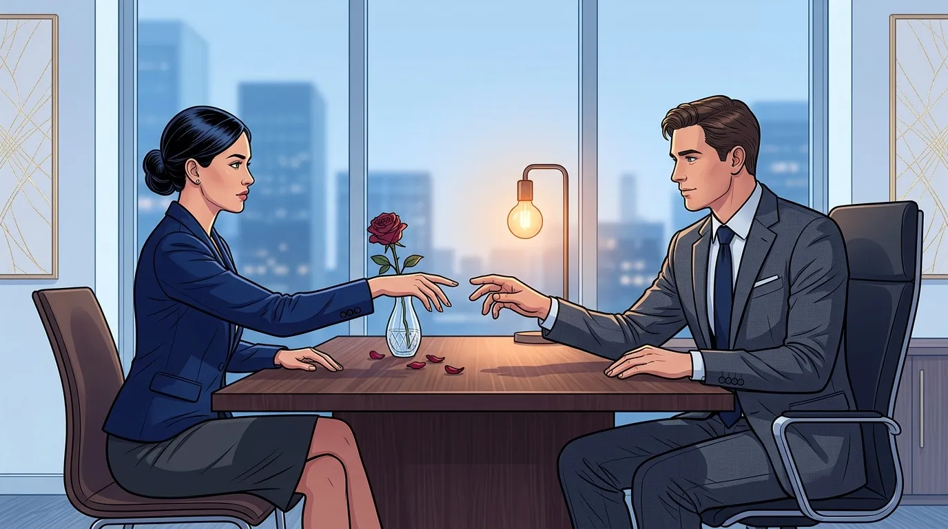 Deux professionnels en discussion à une table dans un bureau moderne.