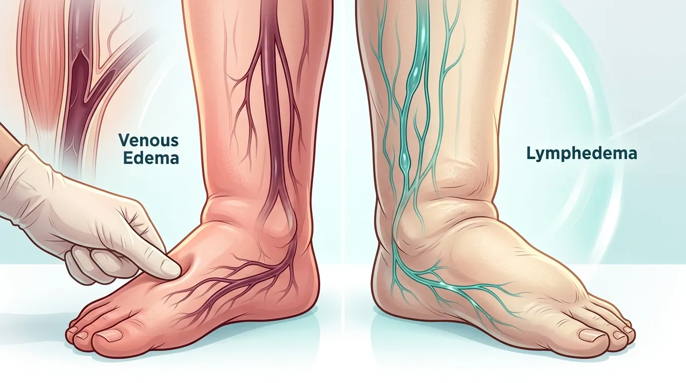 Illustration médicale montrant les différences entre œdème veineux et lymphédème des jambes