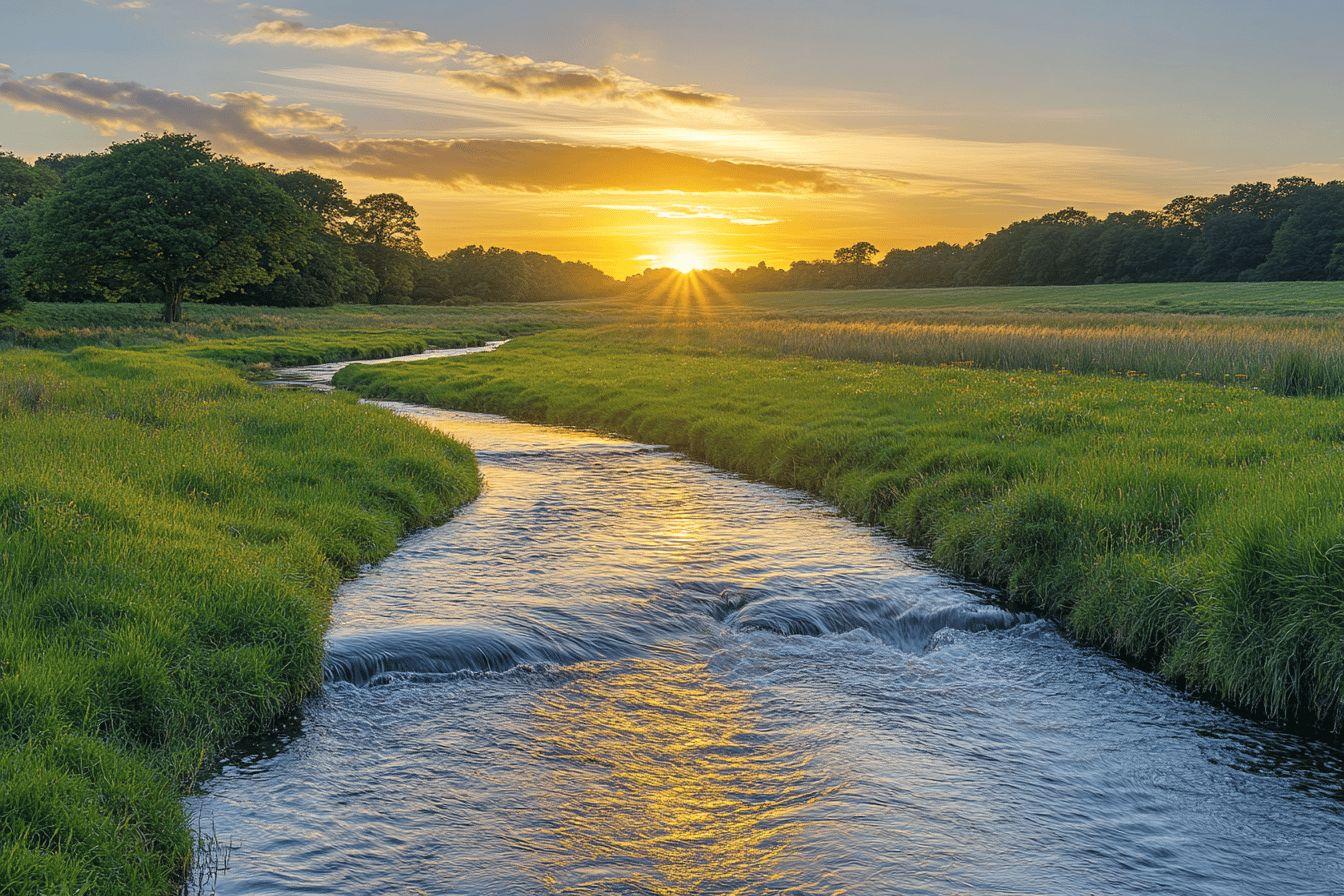 Ruisseau sinueux dans un pré verdoyant au soleil levant