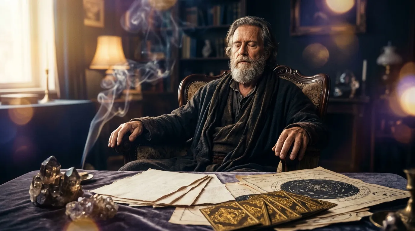 Homme âgé barbu étudiant cartes tarot et documents anciens
