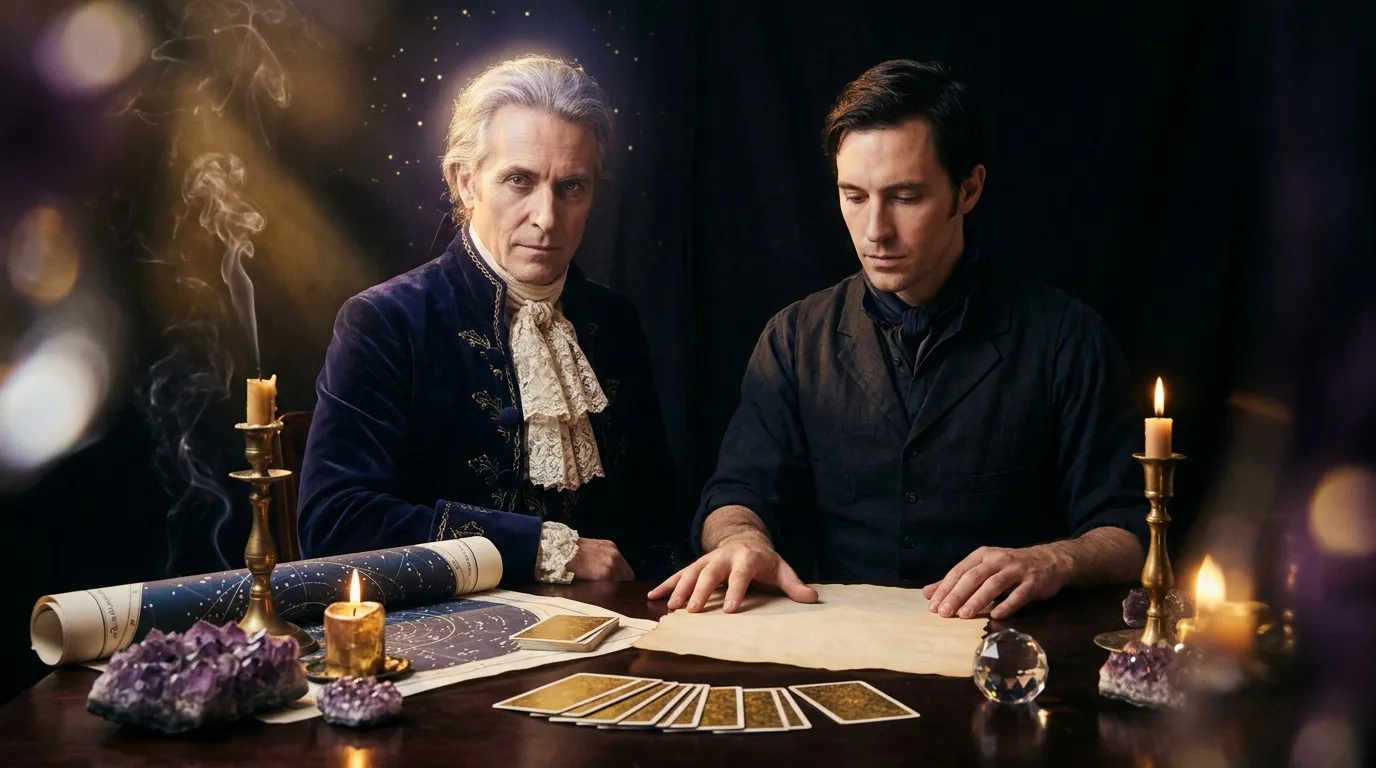 Deux hommes consultent les tarots à la lumière des bougies