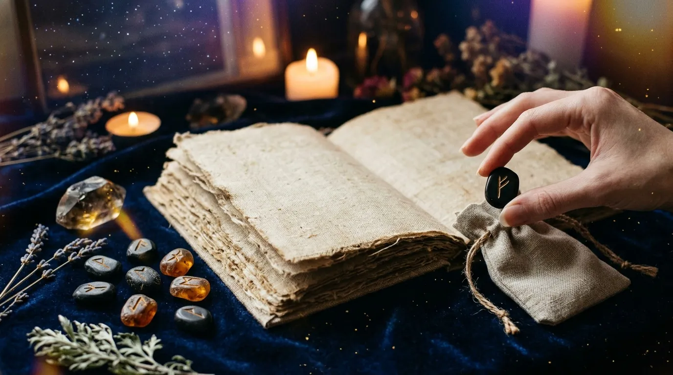 Main tenant rune pr&egrave;s d'un livre ancien, bougies et cristaux