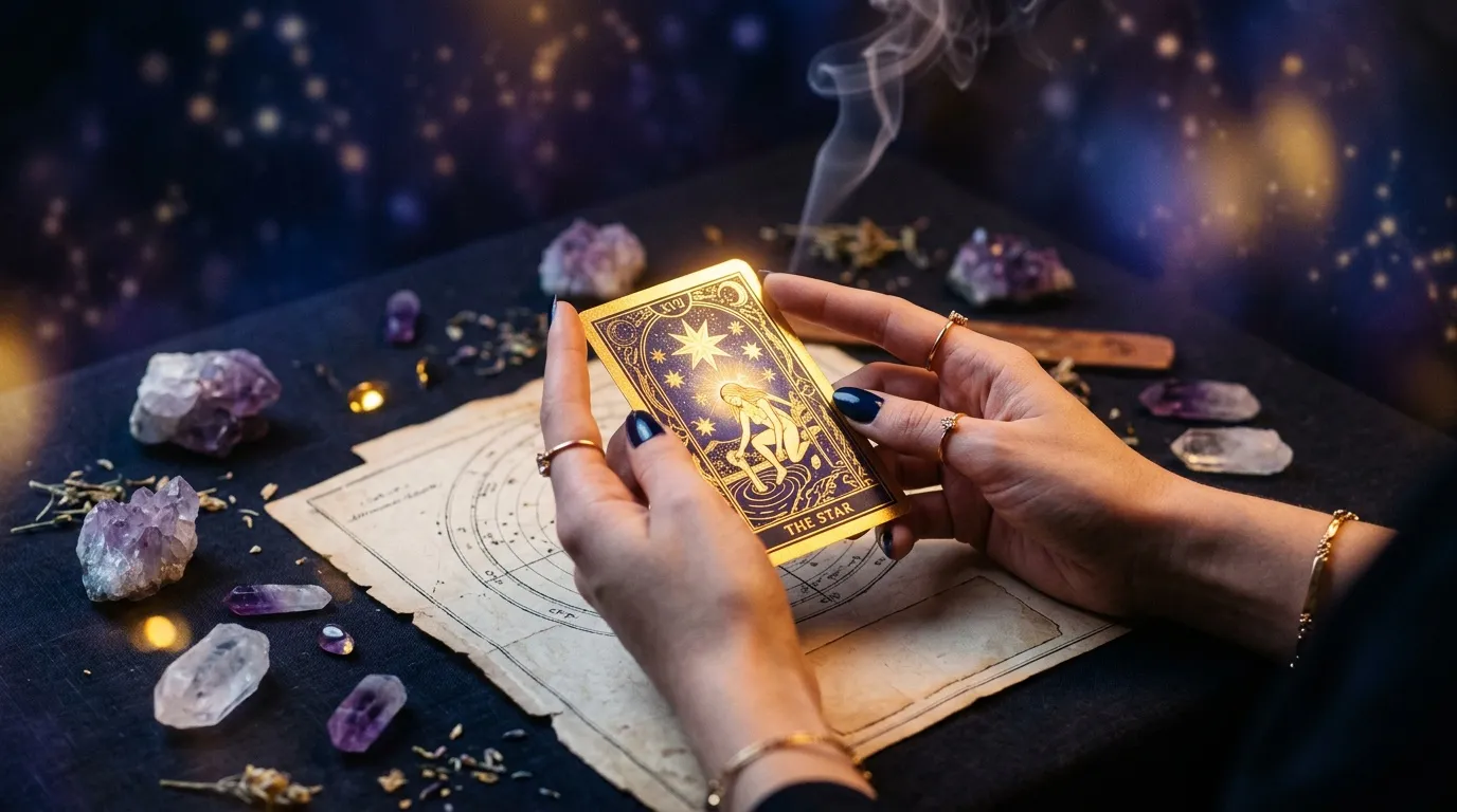 Main tenant carte tarot dor&eacute;e avec cristaux am&eacute;thyste