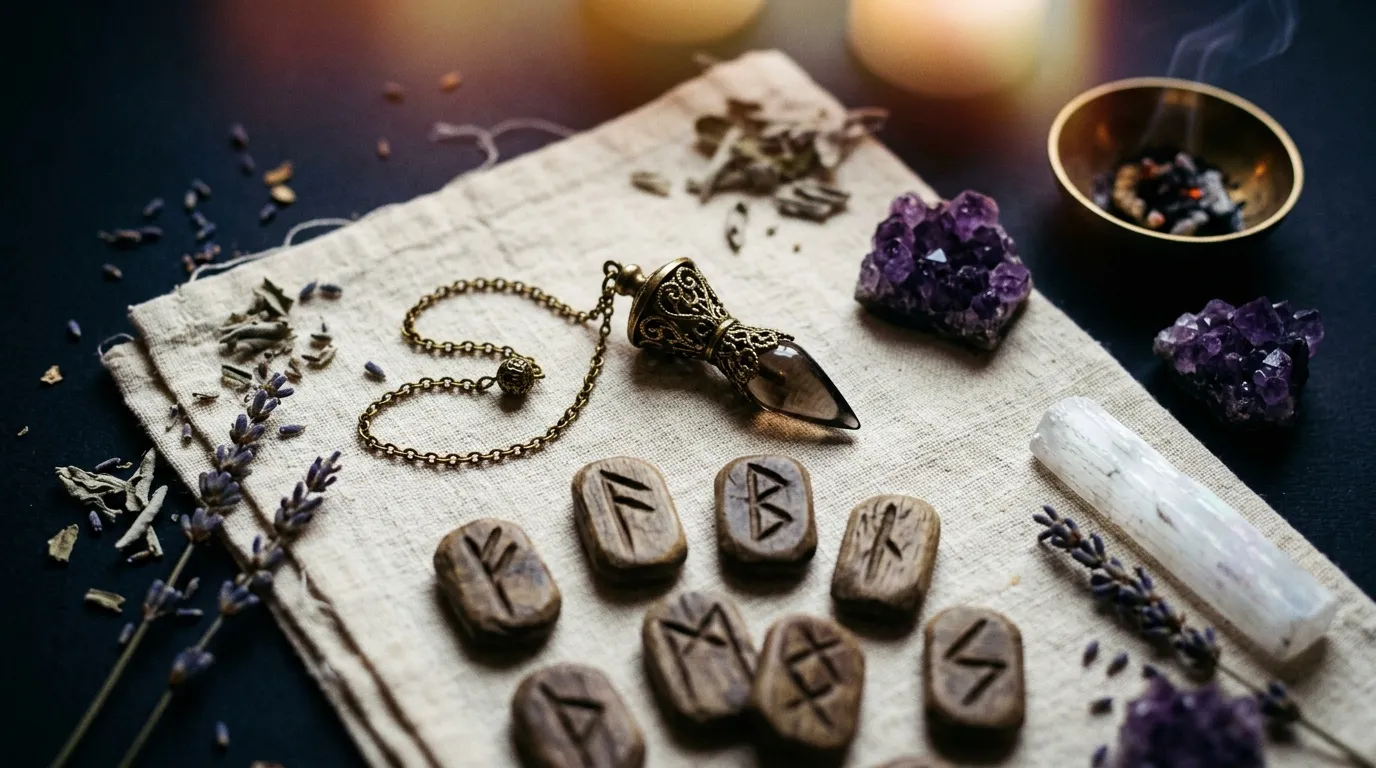 Runes en bois, pendentif bronze, am&eacute;thystes et lavande sur lin
