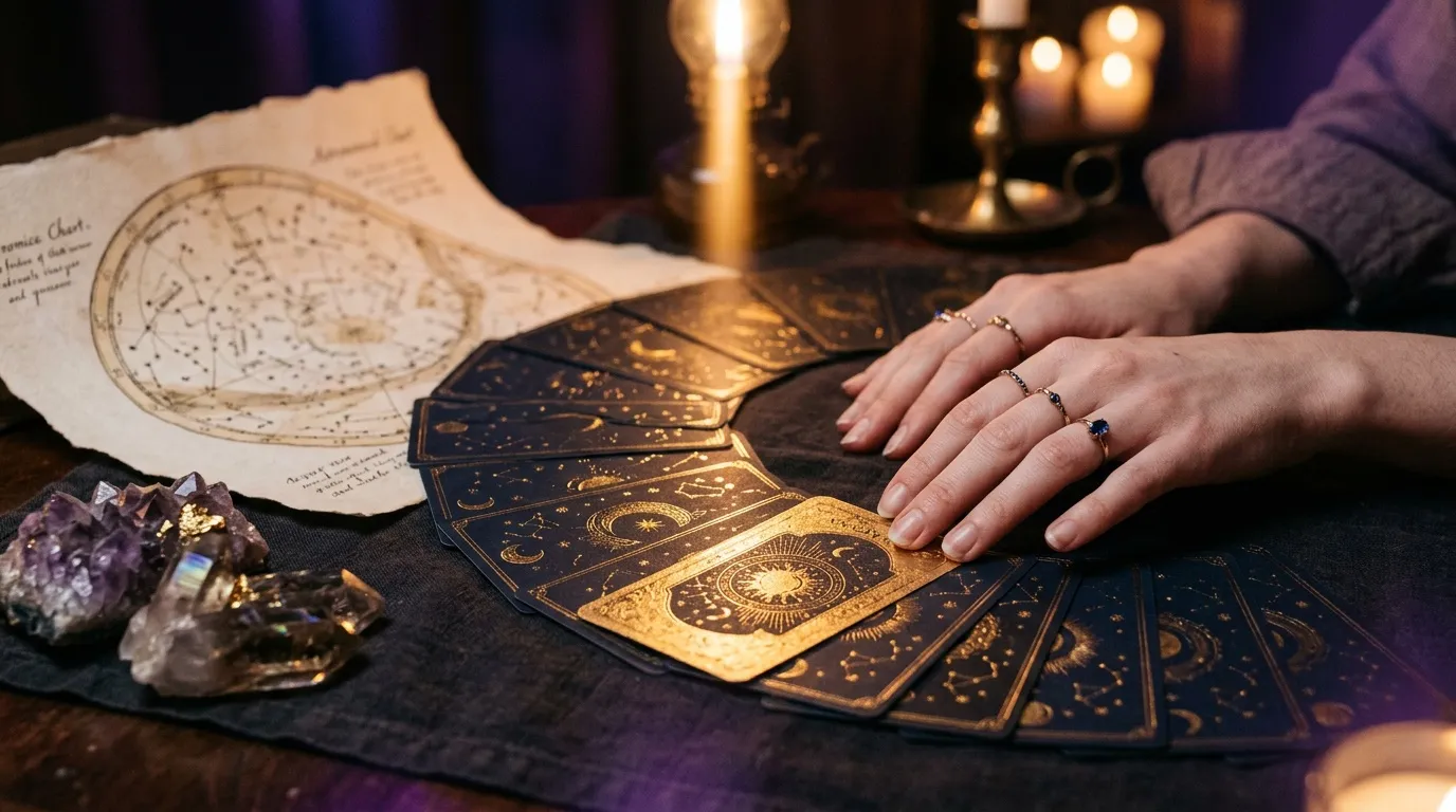 Mains lisant cartes tarot dor&eacute;es, cristaux, carte c&eacute;leste
