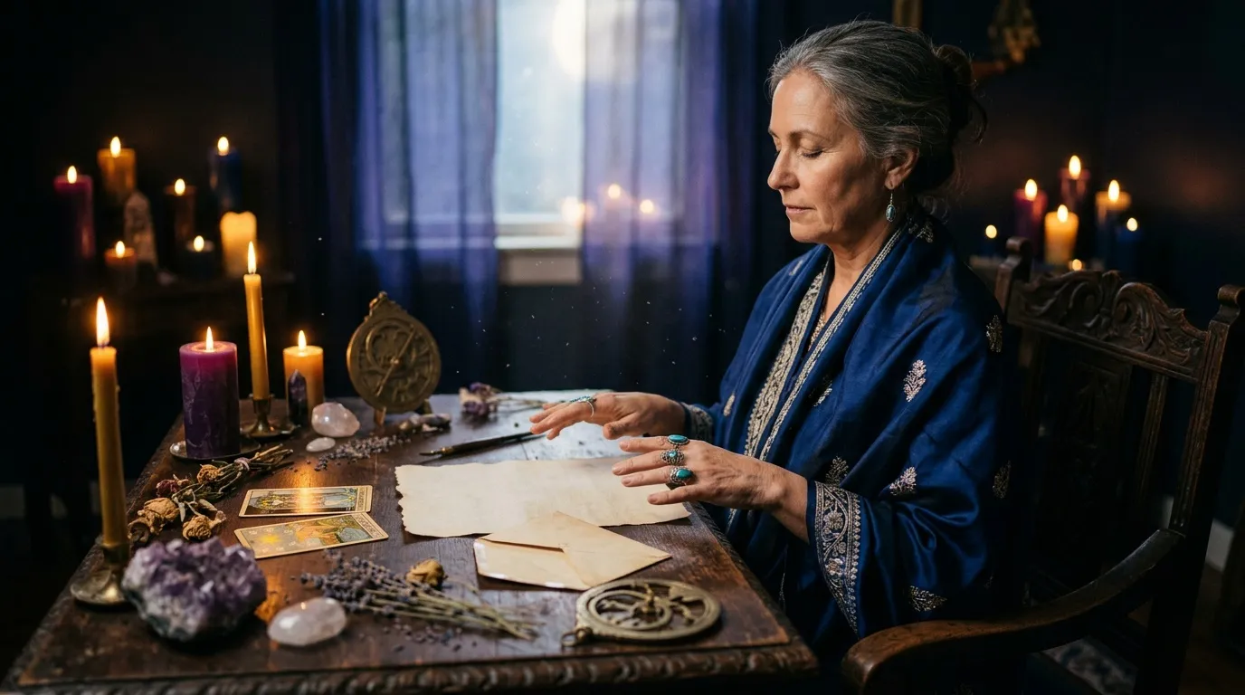 Femme lisant les tarots dans une ambiance mystique &eacute;clair&eacute;e.
