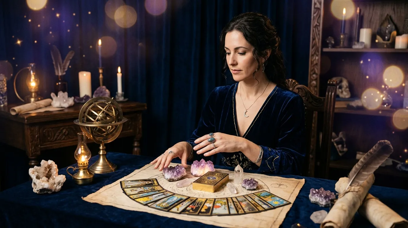 Femme en robe bleue consulte les cartes de tarot