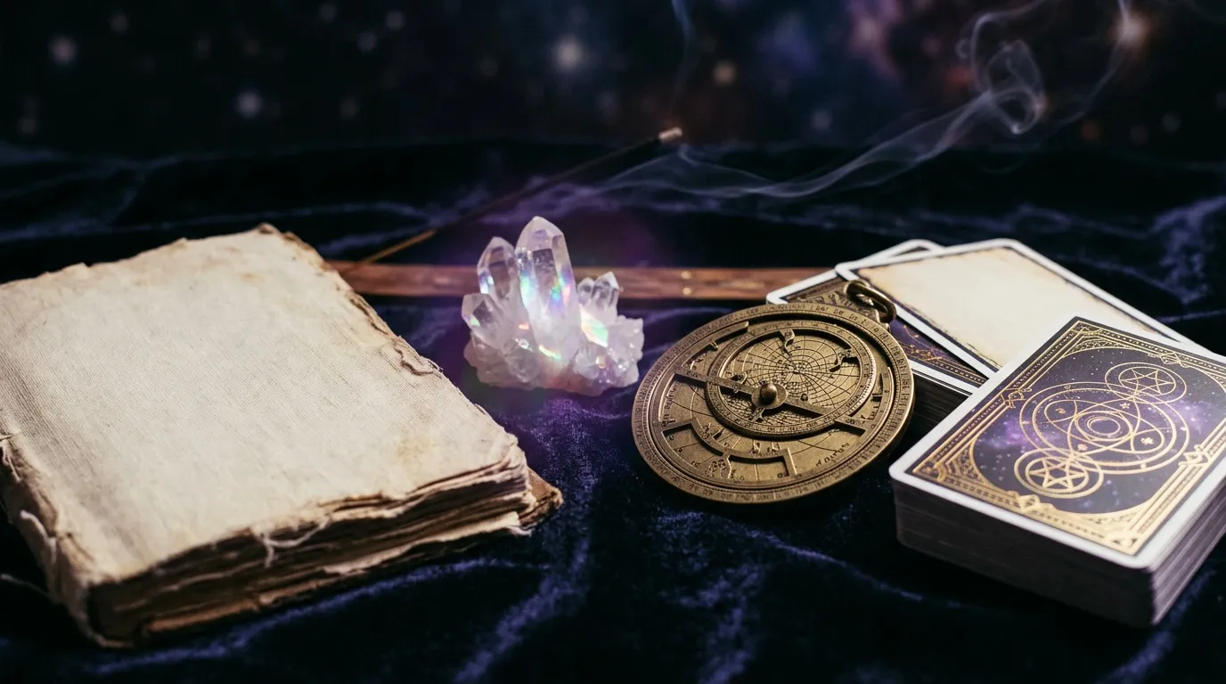 Ancien livre, cristal luminescent, boussole astrolabe, cartes de tarot