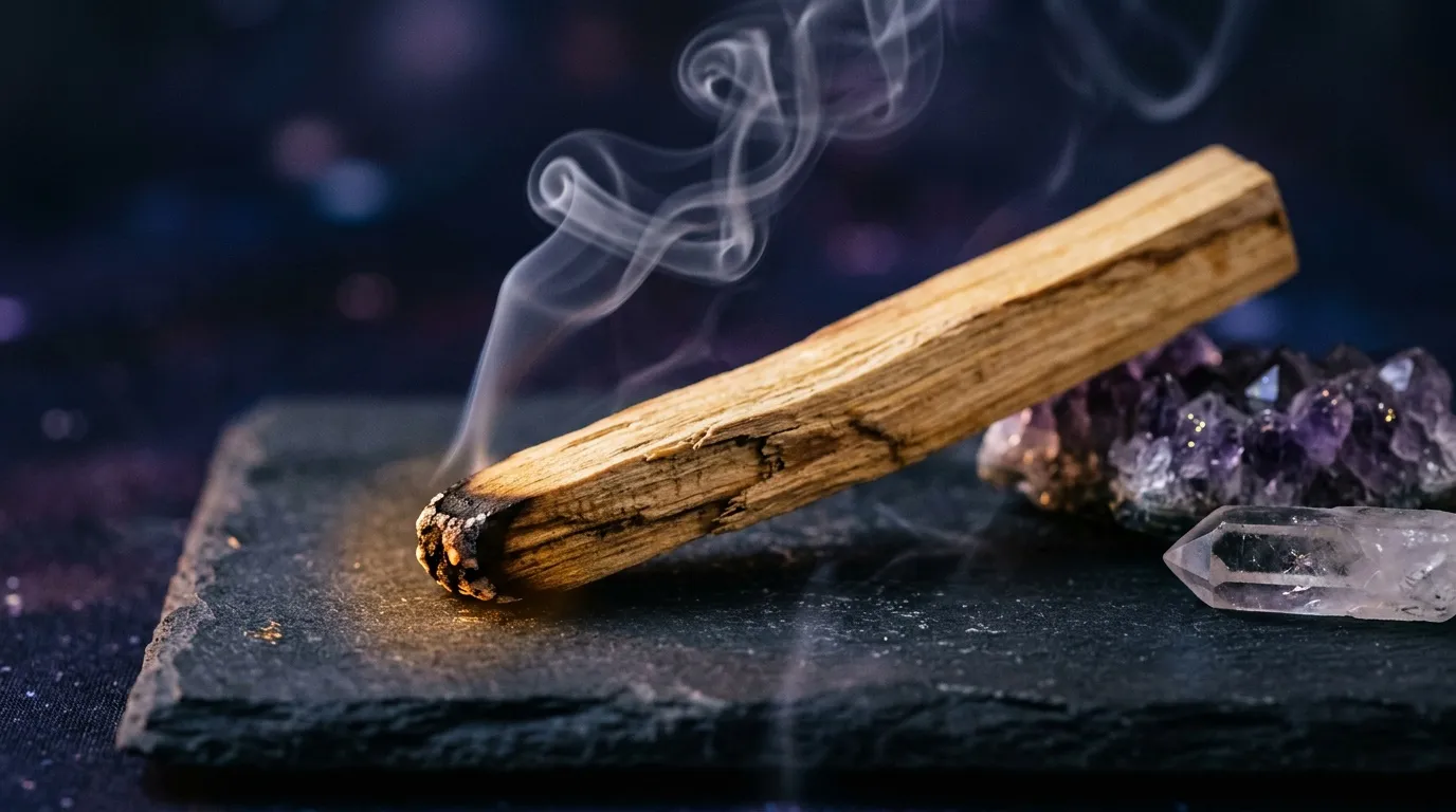 B&acirc;ton de sauge br&ucirc;lant avec fum&eacute;e et cristaux de quartz