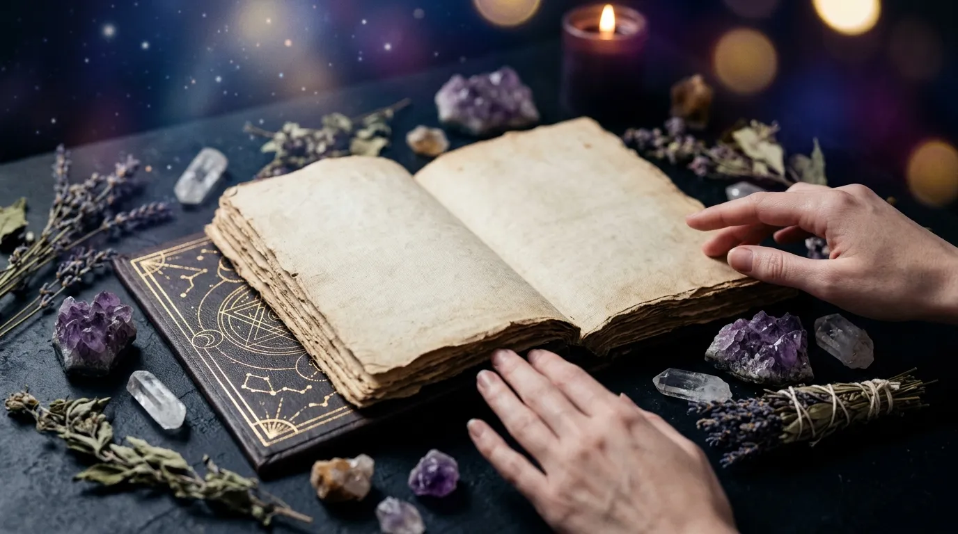 Livre ancien ouvert avec cristaux et bougies allum&eacute;es