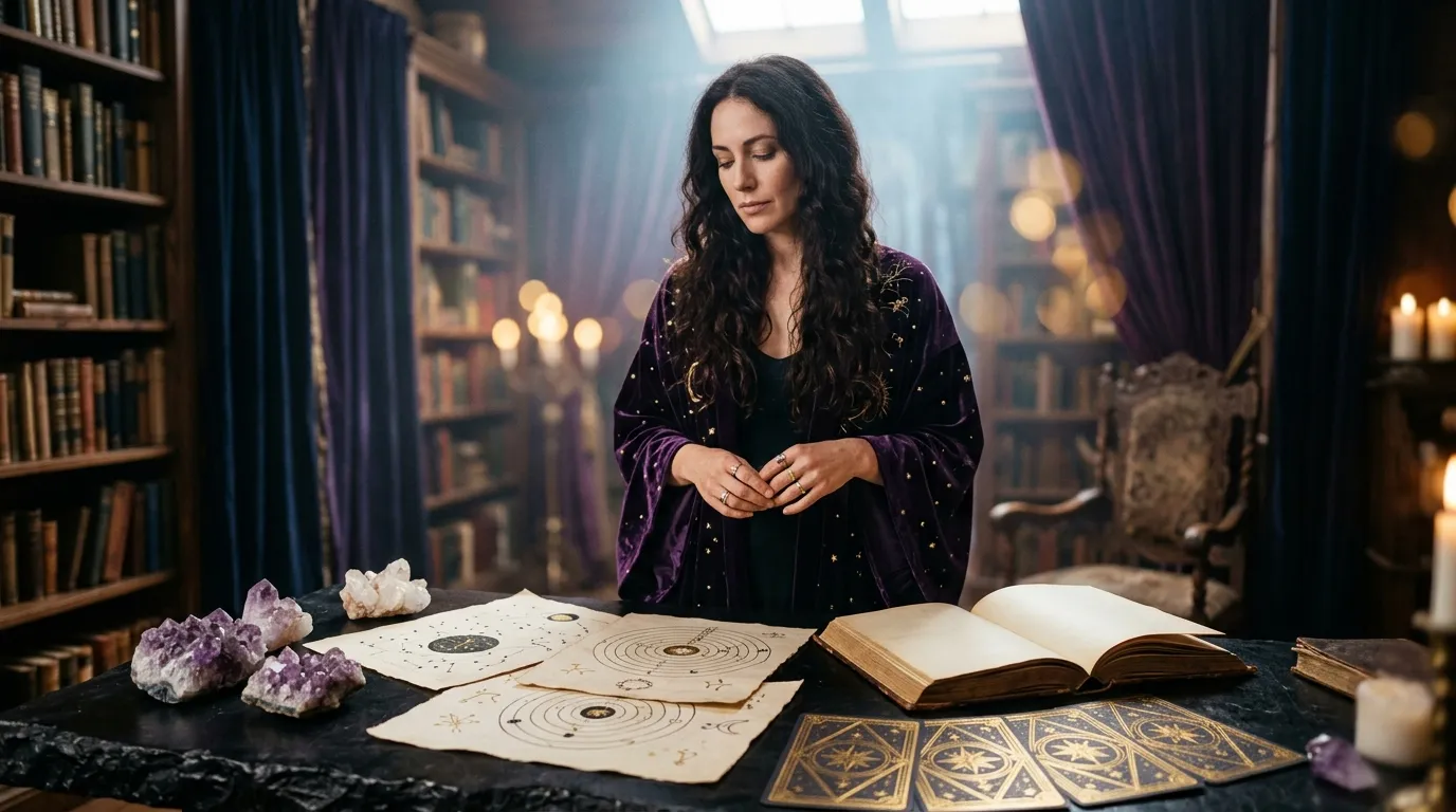 Femme en robe violette consulte cartes de tarot et grimoire