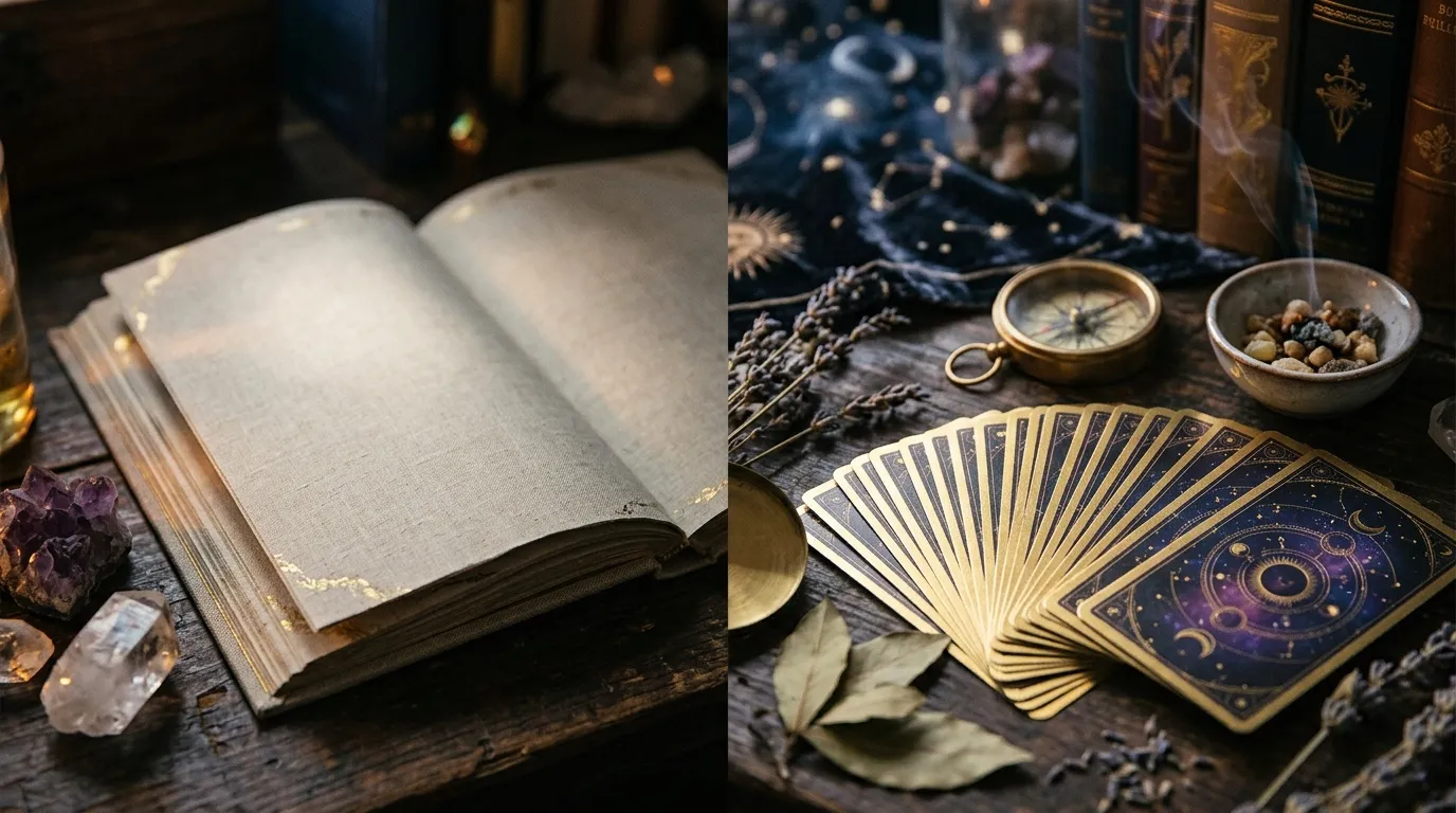 Livre ouvert, tarot, boussole et cristaux sur table