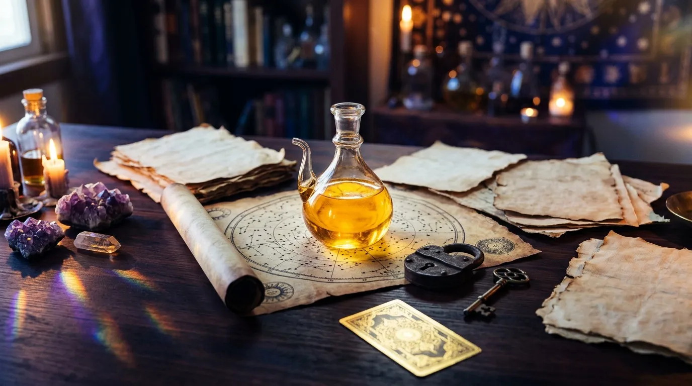 Table avec tarot, cartes, huile, cristaux et bougies allum&eacute;es