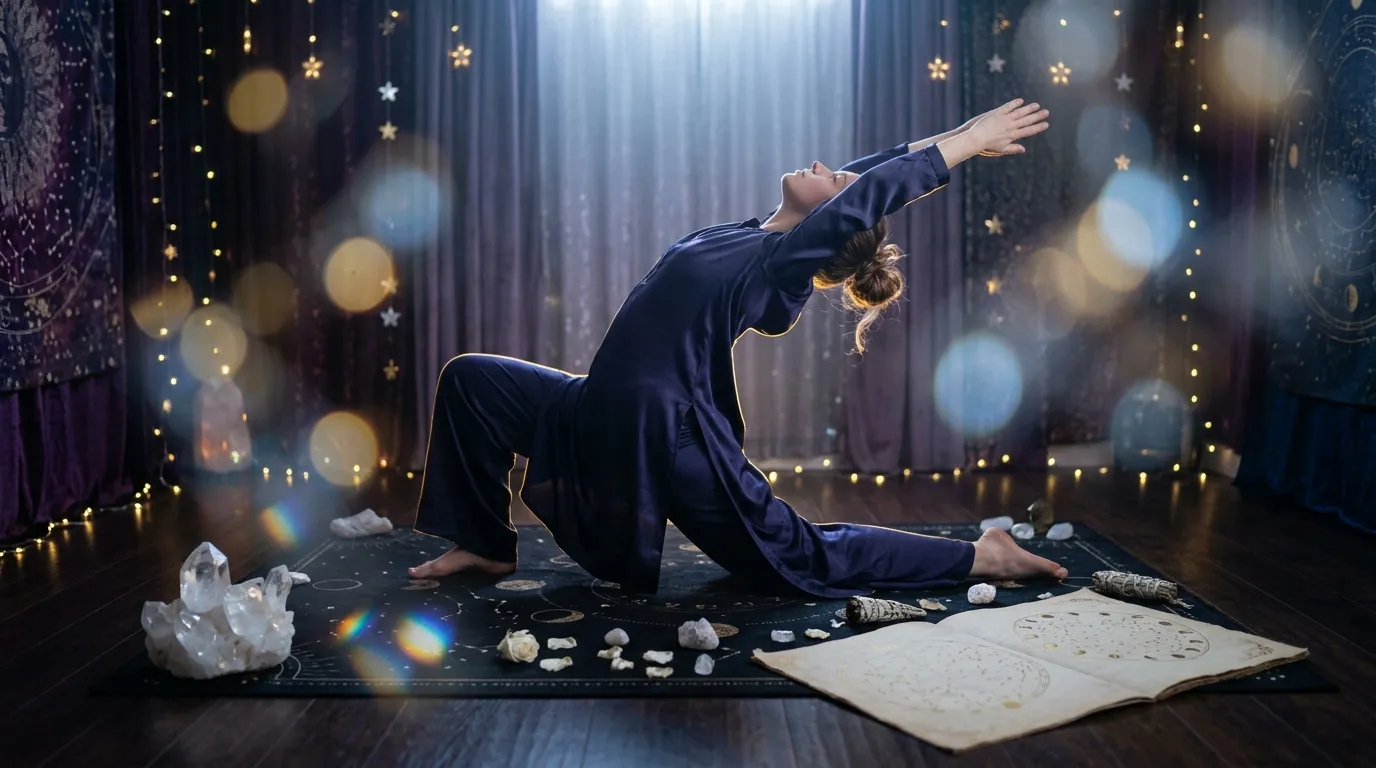 Femme en posture mystique entour&eacute;e de cristaux et d'&eacute;toiles dor&eacute;es