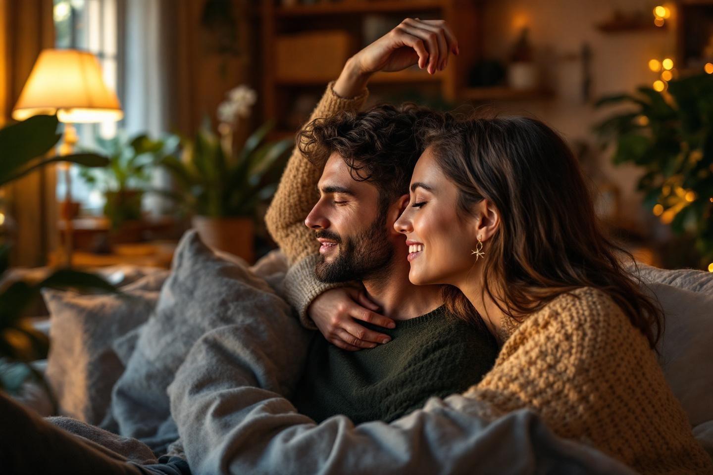 Couple enlacé, souriant, dans un intérieur chaleureux