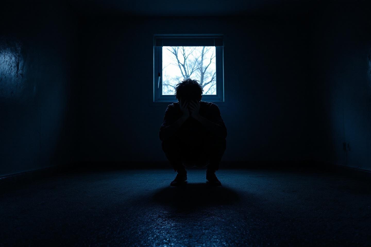 Silhouette assise dans une pièce sombre face à une fenêtre glacée