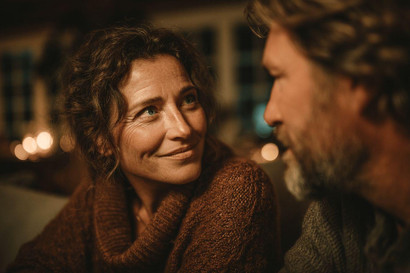 Femme souriante regardant tendrement un homme à la lumière tamisée