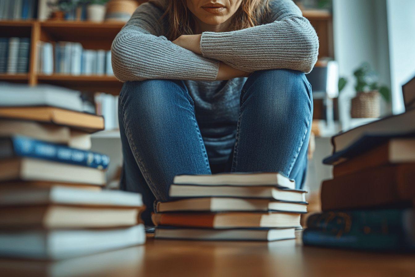 Personne fatiguée entourée de livres, assise par terre