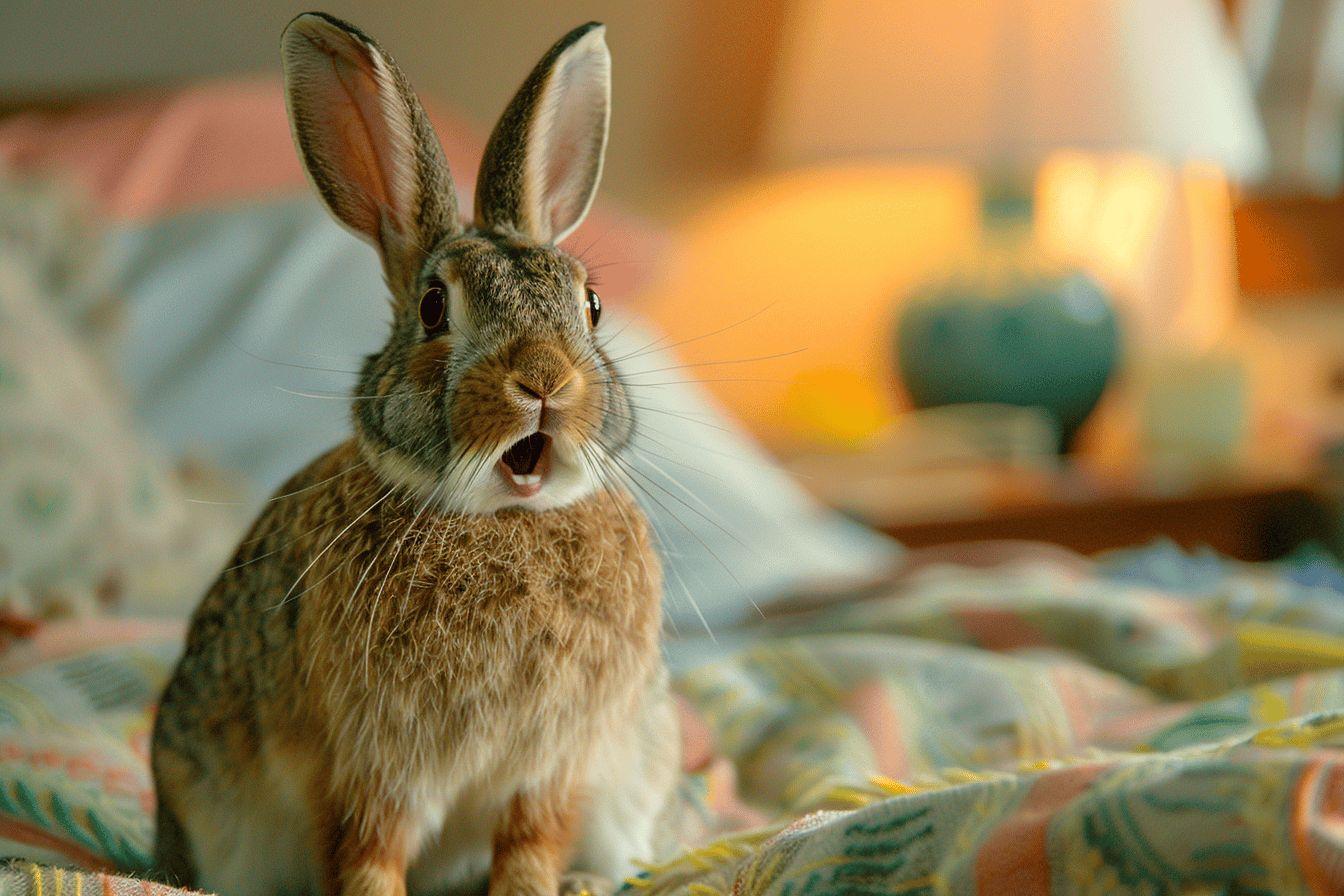 Gros plan sur un lapin aux yeux et poils bruns dans un environnement coloré