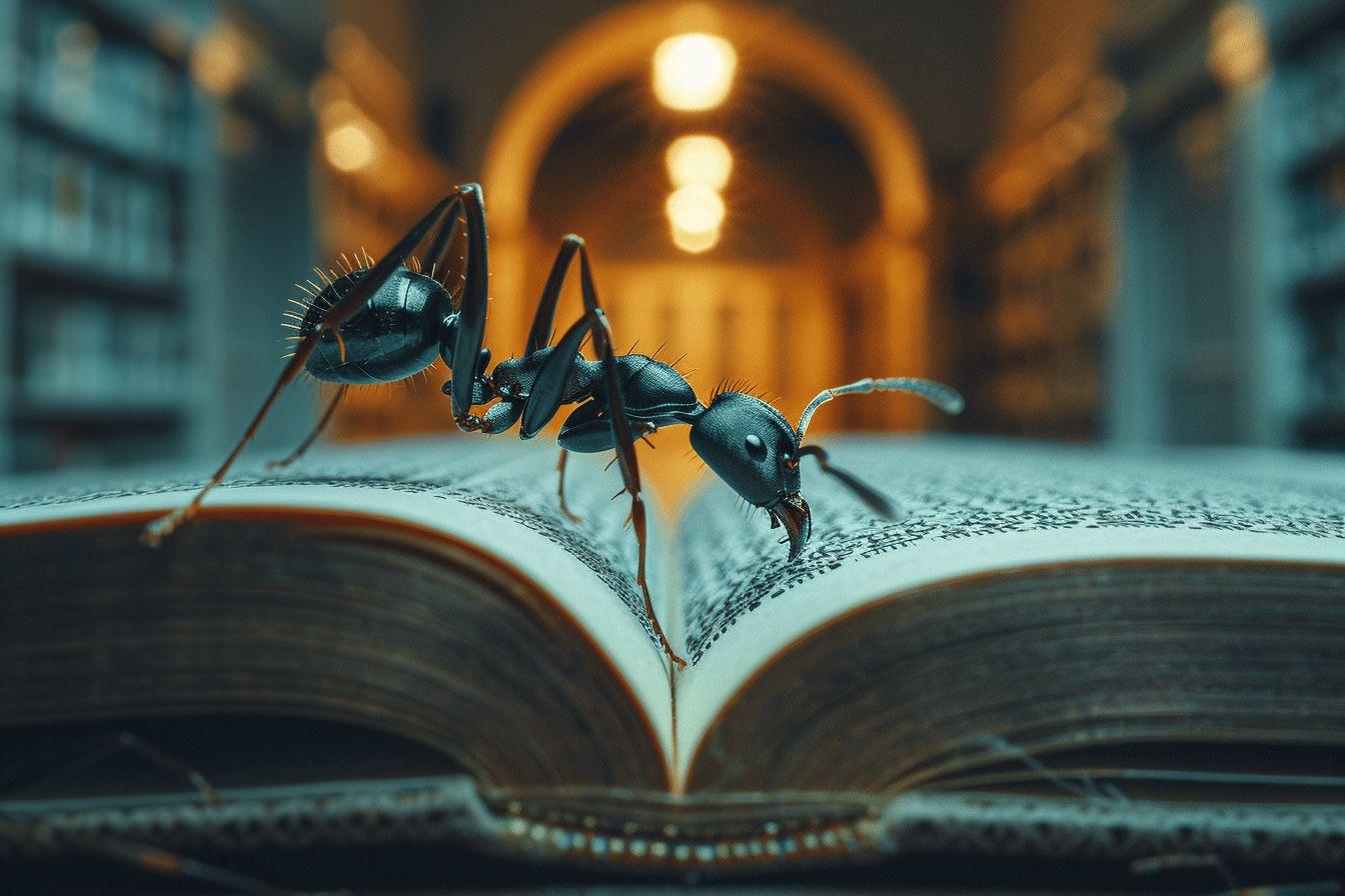 Deux fourmis noires sur les pages d'un livre ouvert avec un arrière-plan flou