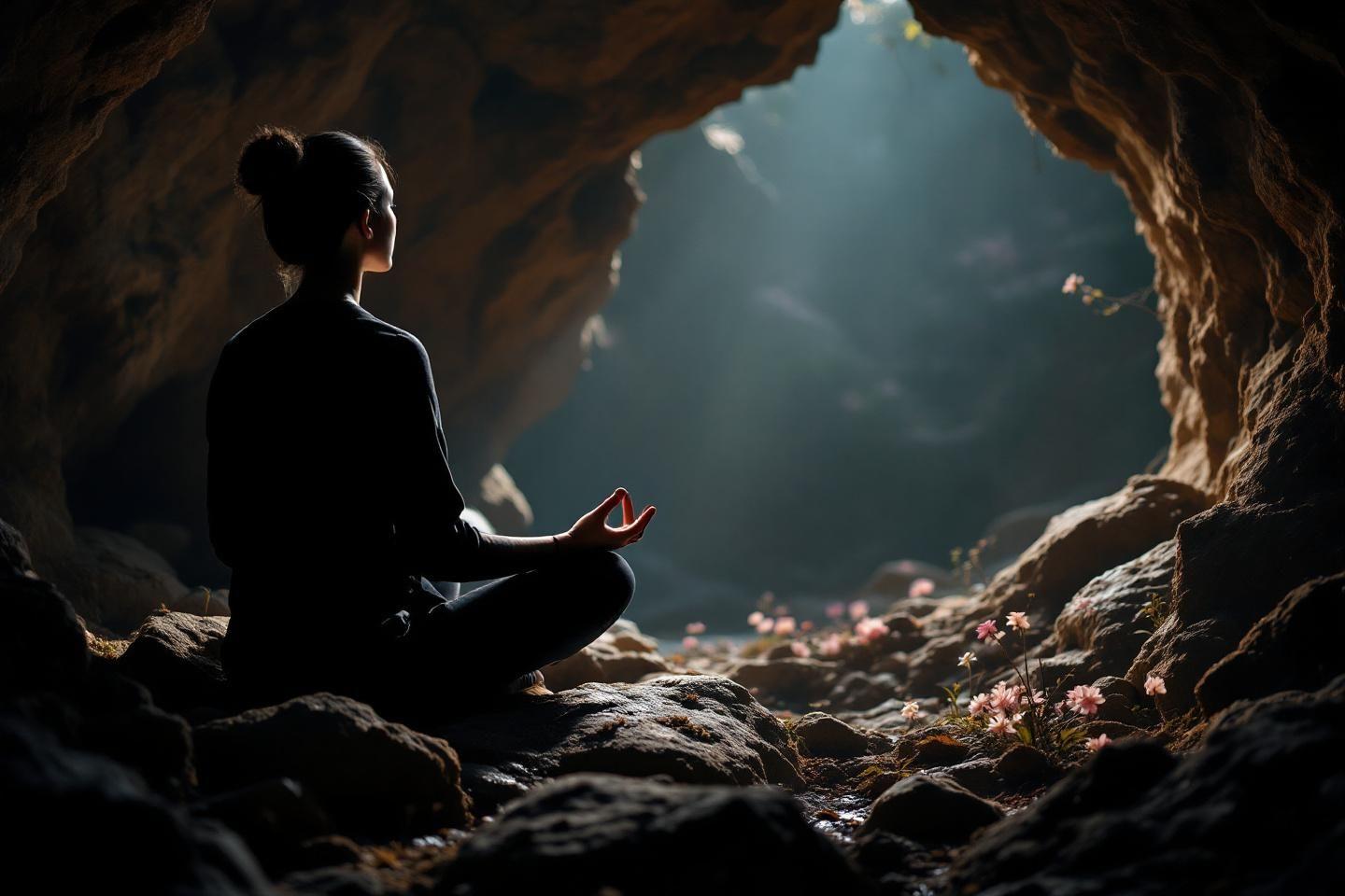 Silhouette méditative dans une grotte avec lumière et fleurs