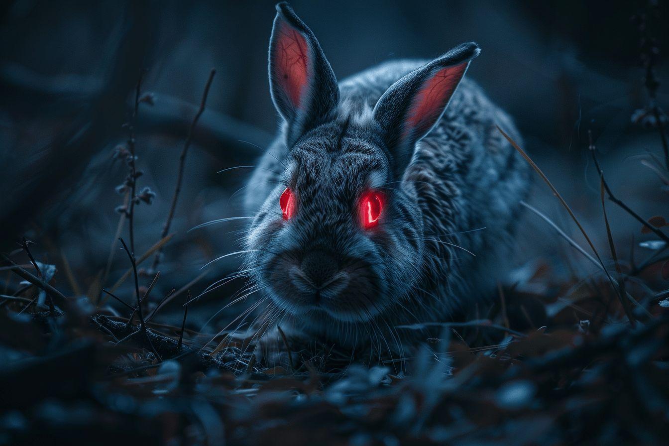Gros plan sur un lapin noir aux yeux rouges brillants dans l'obscurité.
