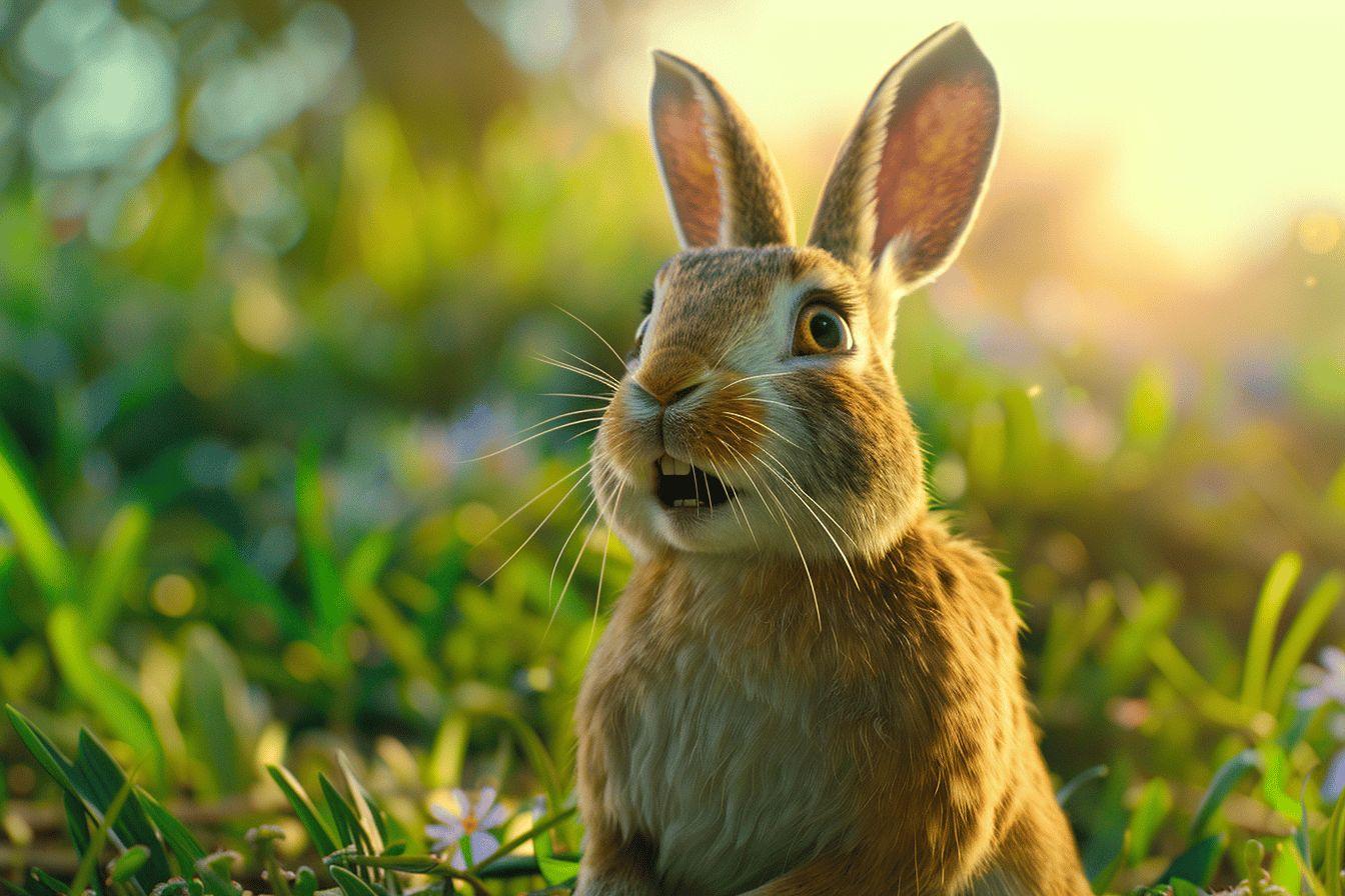 Un lapin marron aux longues oreilles dressées dans l'herbe verte