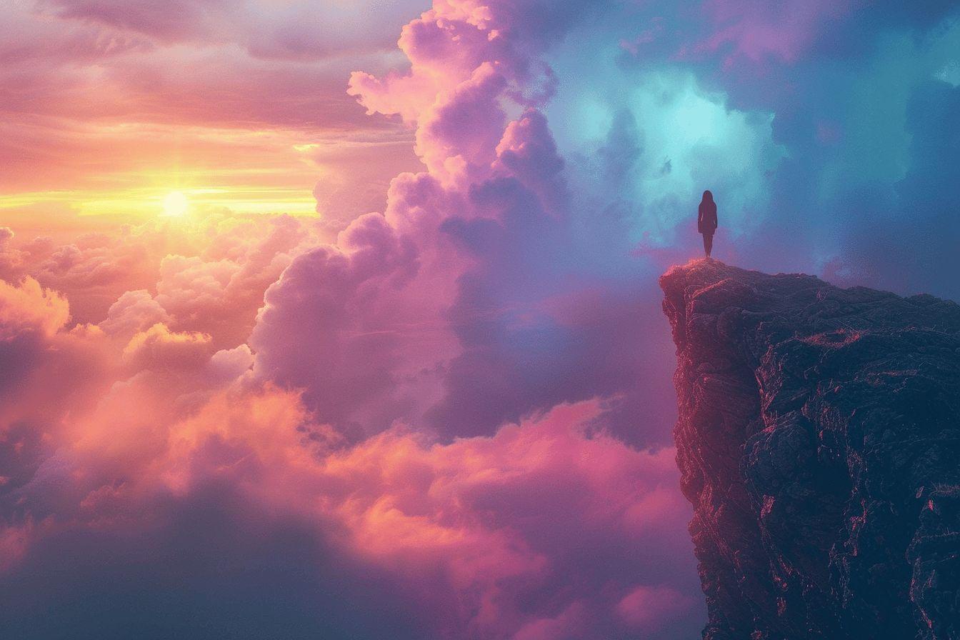 Une silhouette debout sur un sommet au milieu de nuages colorés.