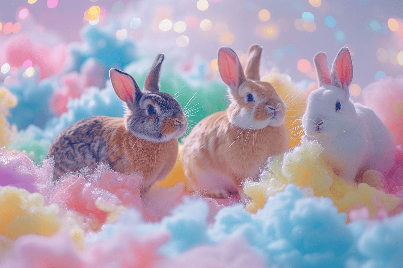 Trois lapins de différentes couleurs dans un paysage fantastique