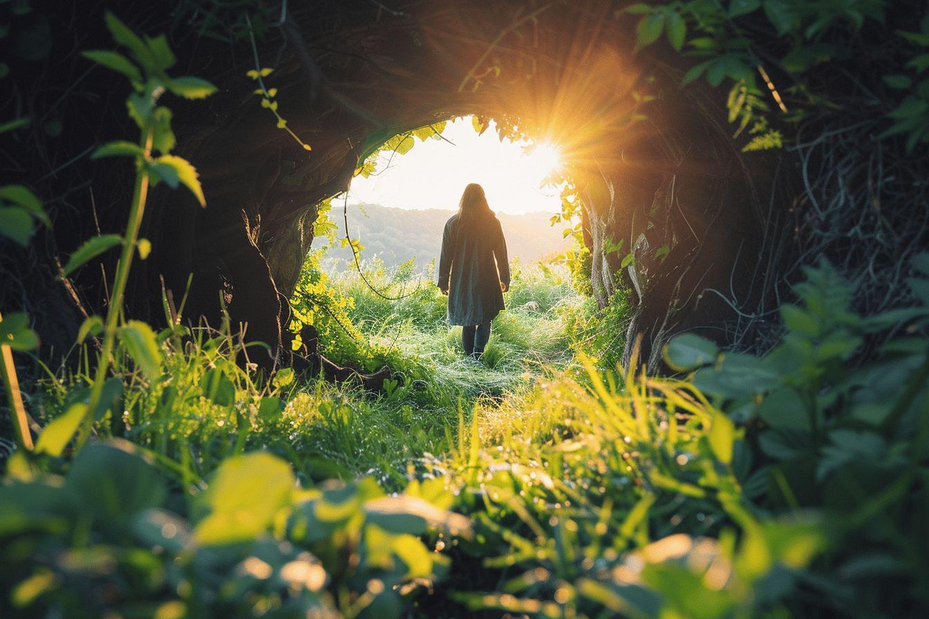 Silhouette d'une personne marchant dans un tunnel de verdure baigné de soleil