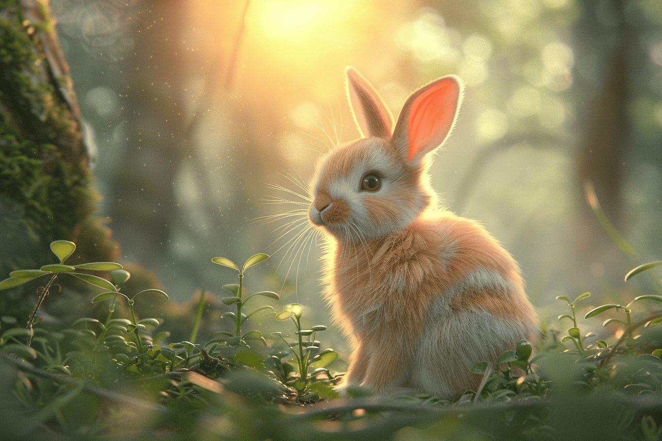 Lapin dans la forêt avec un fond de lumière dorée