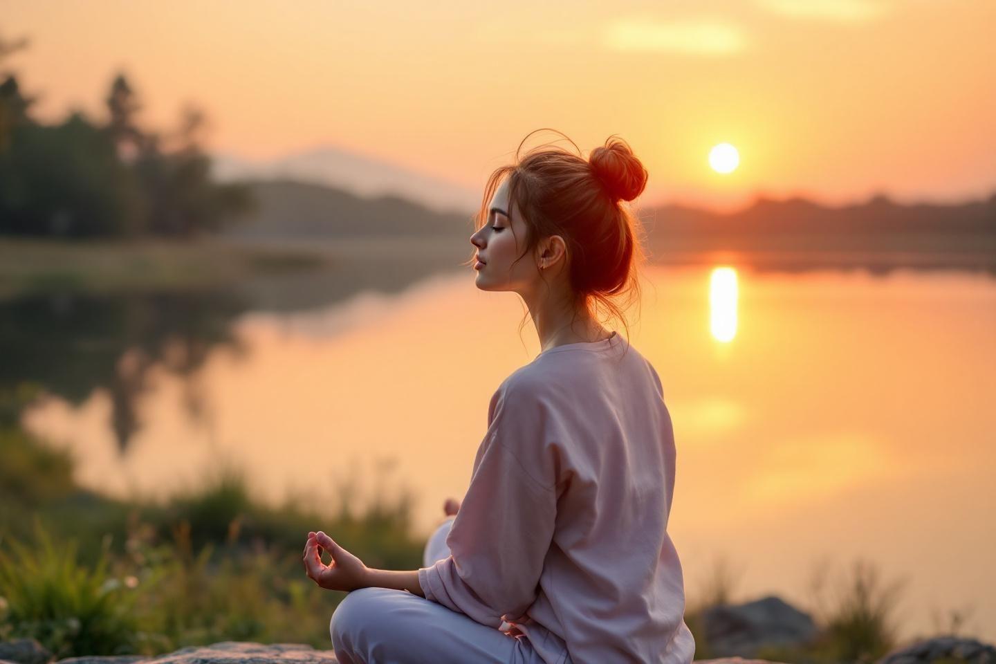 Femme méditant près d'un lac au coucher de soleil