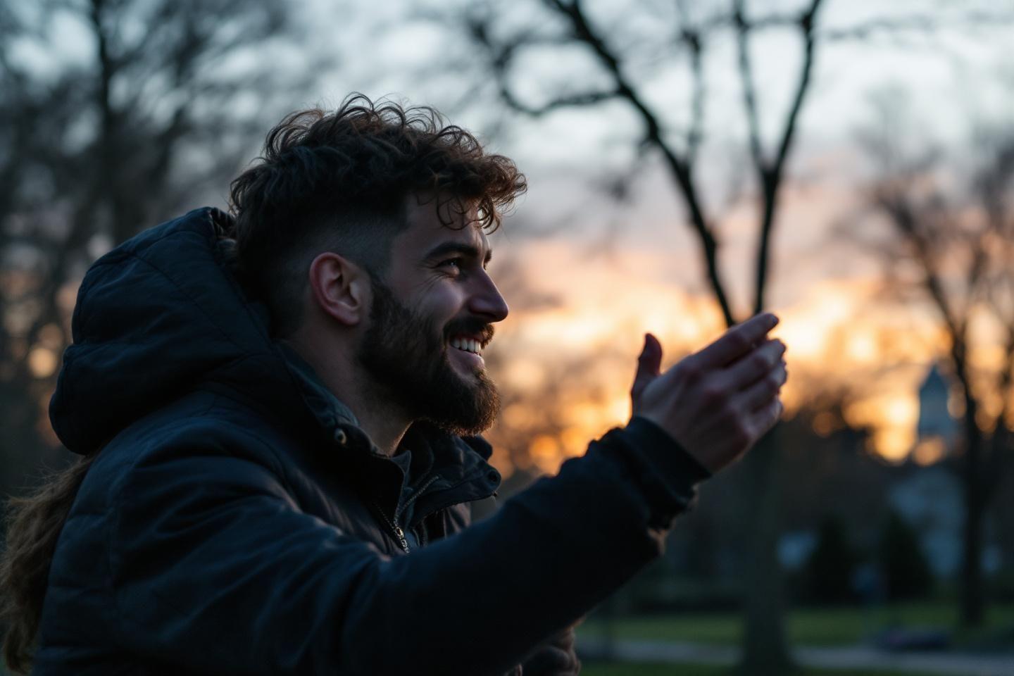 Homme souriant, veste à capuche, geste expressif au coucher de soleil