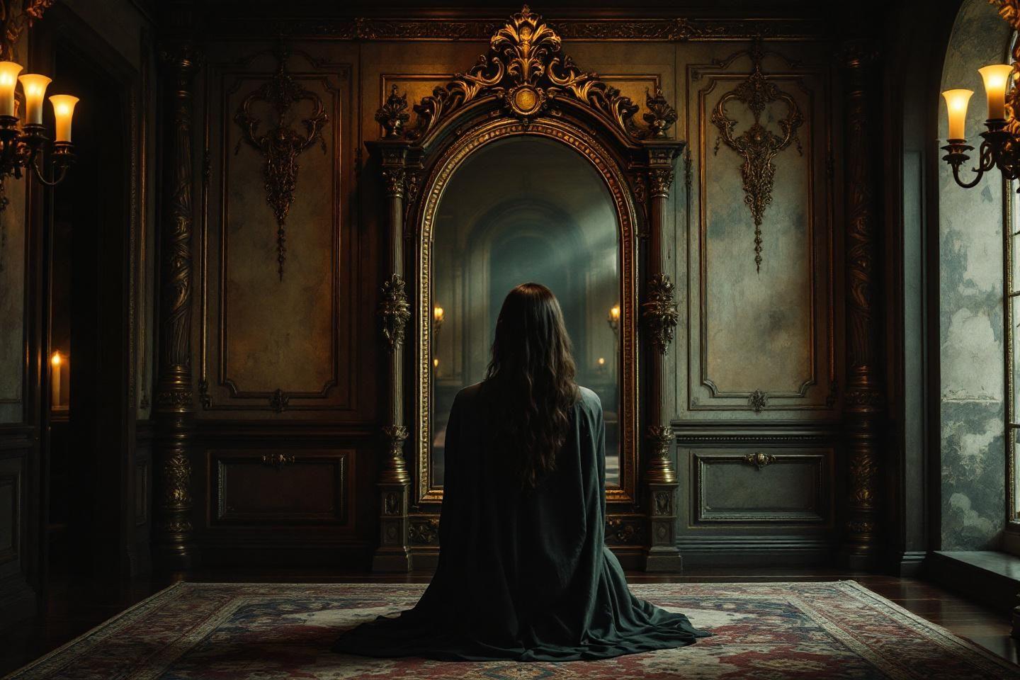 Silhouette dos tourné devant un grand miroir orné